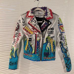 Moto Studded Leather Graffiti Bomber Jacket